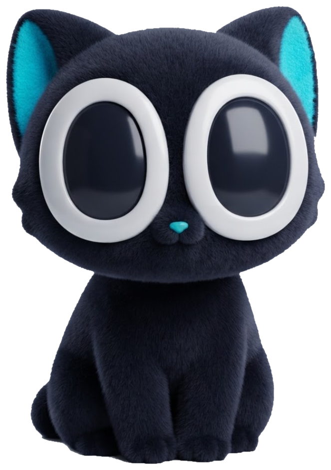 Fomo Cat — a small black cat with enormous glossy eyes and teal ears